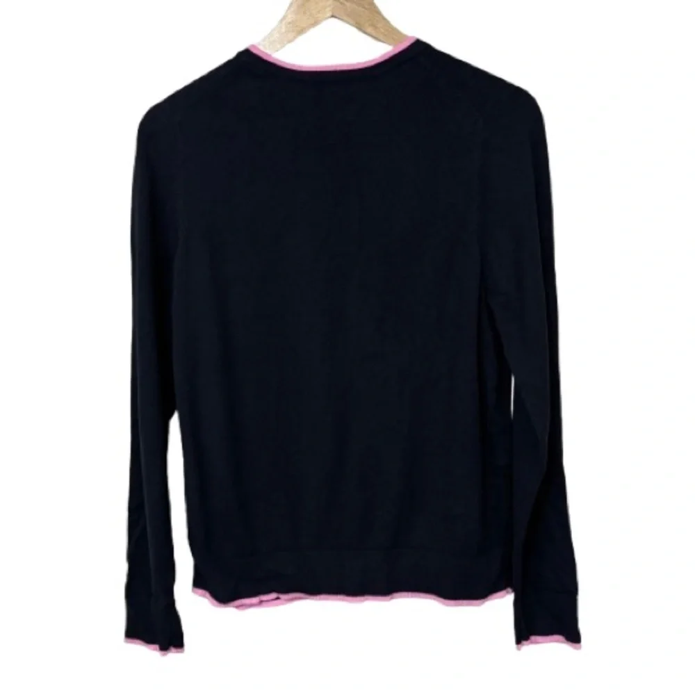 Charter Club Black Cardigan with Pink Embroidered Lip Appliqué Size L